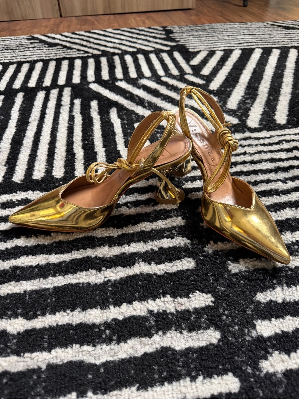 Anthropologie Metallic Gold Pointed-Toe Ankle-Tie Heels - Picture 7 of 7